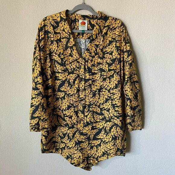 Farm Rio Linen Yellow Black Romper Spotted Bananas Size M - Picture 7 of 10